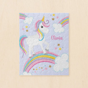 Magical Rainbow Unicorn Purple Personalised Kids Jigsaw Puzzle