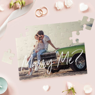 Marry Me? Trendy Brush Script & Custom Photo Jigsaw Puzzle