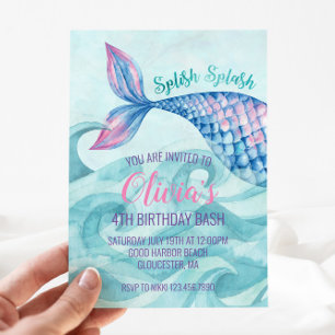 Mermaid Watercolor Birthday Invitation