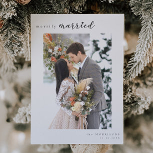 merrily married Minimalist Winter Wedding Photo Holiday Card