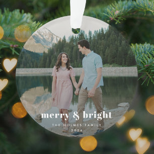 Merry and Bright   Modern Christmas Couple Photo Ornament