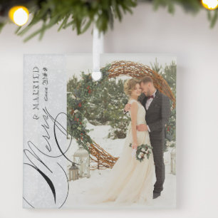 Merry and Married Script Vertical Photo Snowflake  Glass Ornament