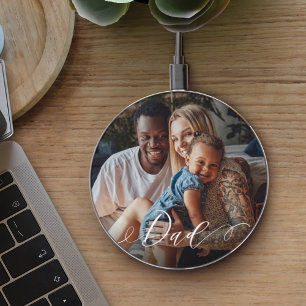 Minimal Elegant Script Personalized Dad Photo Wireless Charger