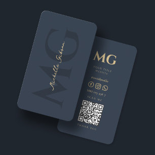 Minimalist Elegant Monogram Dark Blue QR Business Card