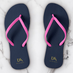 Minimalist Elegant Monogram Navy Blue Gold Stylish Flip Flops