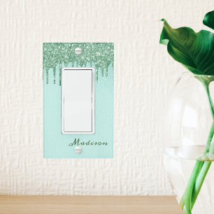 Mint Green Monogram Glitter Drips Pretty Girly Light Switch Cover