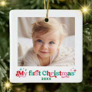 Modern Baby's First Christmas Photo Ceramic Ceramic Ornament