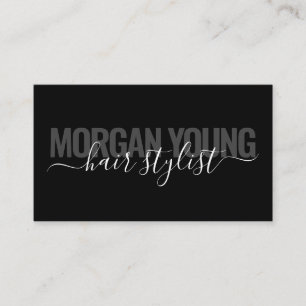 Modern black chic hair stylist script signature business card