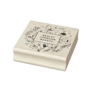 Modern Botanical Blush and Black Square  Rubber Stamp