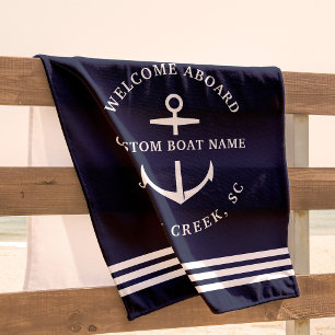 Modern Custom Boat Name Welcome Aboard Nautical Beach Towel