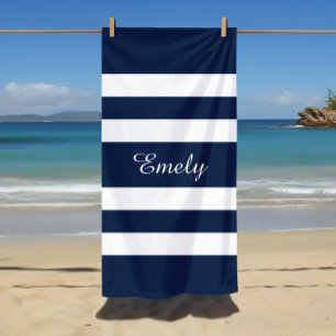 Modern Elegant Blue And White Stripes Pattern Name Beach Towel