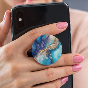 Modern Elegant Blue Gold Marble Personalized Name PopSocket