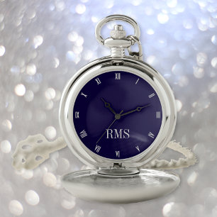 Modern Elegant Monogrammed Classic Navy Blue Mens Pocket Watch