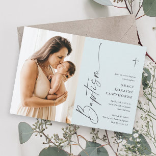 Modern Elegant Script Boys Photo Baptism Invitation