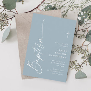 Modern Elegant Script Dusty Blue Boys Baptism Invitation