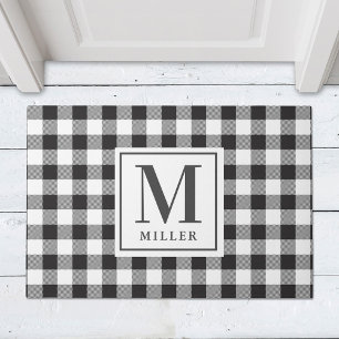 Modern Farmhouse Black Buffalo Plaid Monogrammed Doormat