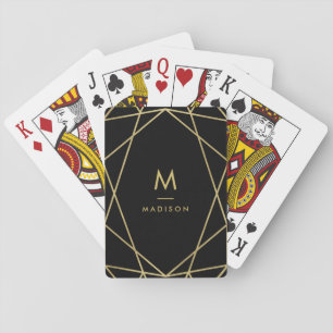 Modern Gold Geometric Pattern on Black   Monogram Poker Cards