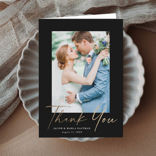 Modern Gold Script Photo Wedding Thank You Card