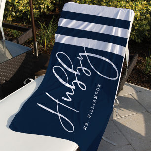 Modern Hubby Script Nautical Navy & White Stripes Beach Towel