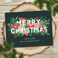 Modern Merry Christmas Bold Floral Family Name 