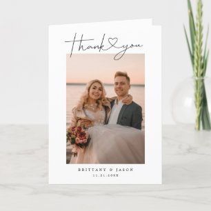 Modern Minimalist Script Heart Wedding Photo Thank You Card