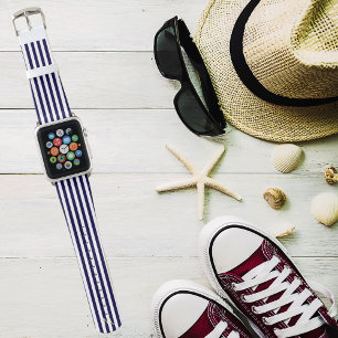 Modern Navy Blue White Stripes Pattern Monogrammed Apple Watch Band