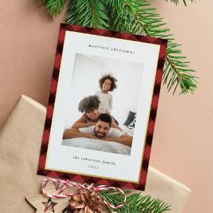 Modern Plaid Border Christmas Photo Foil Holiday Card