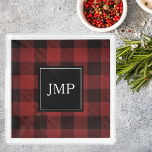 Modern Red Buffalo Plaid   Personal Initial  Acrylic Tray