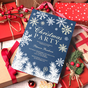 Modern snowflake pine navy winter Christmas party Invitation