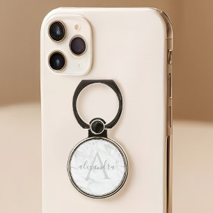 Modern White & Grey Marble Custom Name & Monogram Phone Ring Stand