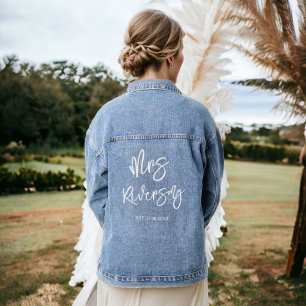 Modern white script calligraphy weddings Bride Denim Jacket