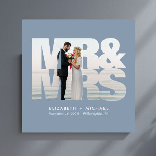 Mr Mrs Newlyweds Photo Dusty Blue Wedding Wall Acrylic Photo Tile