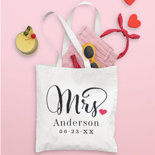 Mrs Elegant Script Heart Custom Wedding Monogram Tote Bag