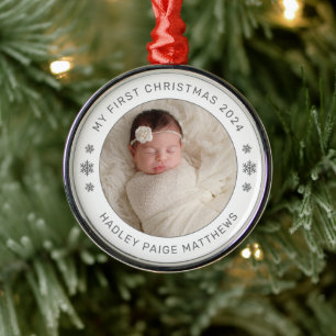 My First Christmas White Personalized Baby Photo Metal Ornament