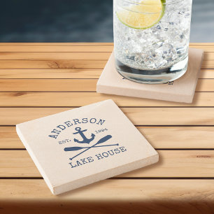 Nautical Lake House Blue Anchor Oars Sandstone Stone Coaster