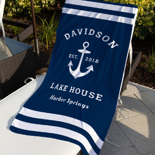 Nautical Navy Blue Custom Family Lake House Beach Towel