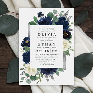 Navy Blue and Silver Elegant Ivory Floral Wedding Invitation