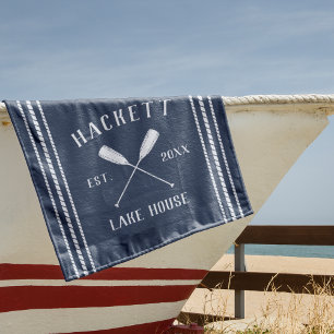 Navy Blue Rustic Oars Personalized Lake House Beach Towel