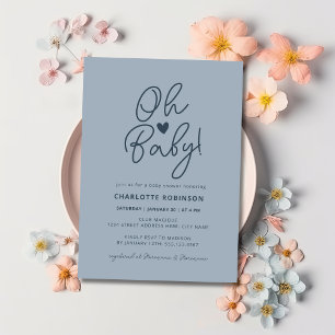 Oh Baby Modern Simple Dusty Blue Boy Baby Shower Invitation