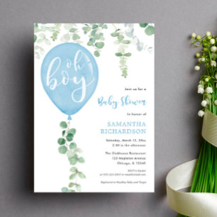 Oh boy modern eucalyptus blue balloons baby shower invitation