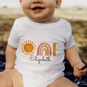 One First Birthday Name Boho Rainbow and Sun  Baby Bodysuit