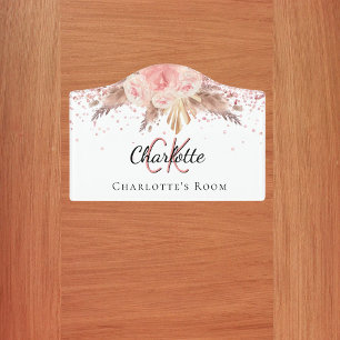 Pampas grass blush pink floral monogram name door sign