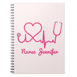 Pink Custom Nurse Name Stethoscope Heart Life Line Notebook