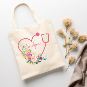 Pink Floral Stethoscope Heart Medical Nurse Doctor Tote Bag