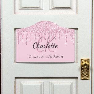 Pink glitter drips custom monogram name  door sign