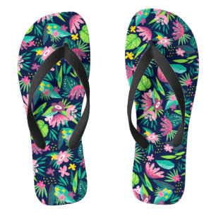 Pink & Green Tropical Flowers & Leafs Pattern Flip Flops