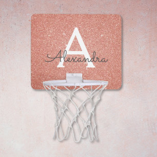 Pink Rose Gold Glitter & Sparkle Monogram Name Mini Basketball Hoop