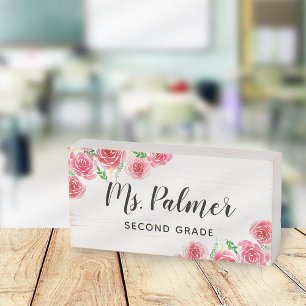 Pink Roses   Floral Teacher Name Classroom Wooden Box Sign