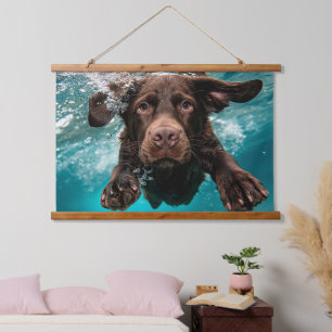 Playful Chocolate Labrador Swimming Underwater Hanging Tapestry