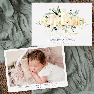 Pretty Floral   Pink & Gold Baptism Photo Foil Invitation